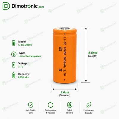 Lithium battery 26650 3.7V 8000mAh - 71.14g